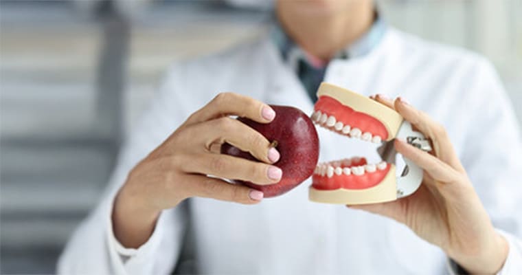 Dentist pretending to use model dentures to bite into an apple.
