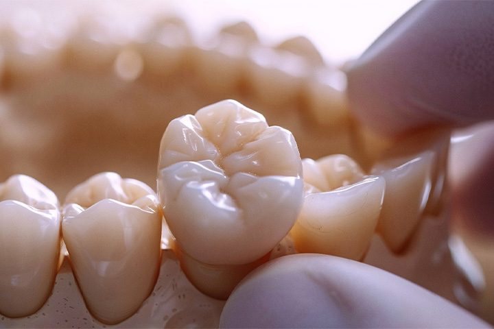 Dentist placing a dental crown.